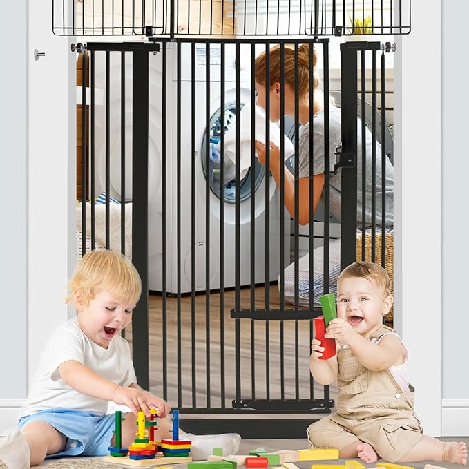 55 Inch Extra Tall Pet Gate with Small Cat Door, 29.55"-46.06" Adjustable Wide Dog Gate, Tall Cats Gates for Doorway, Stairs, House(Black)