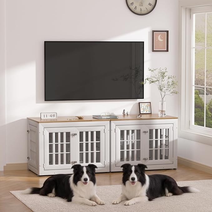 38" Heavy Duty Dog Crate Furniture for Small,Medium and Large Dogs,Rustic Wooden Dog Cage Kennel Indoor Furniture with Waterproof Top,Decorative Pet House Side End Table (White & Wood)