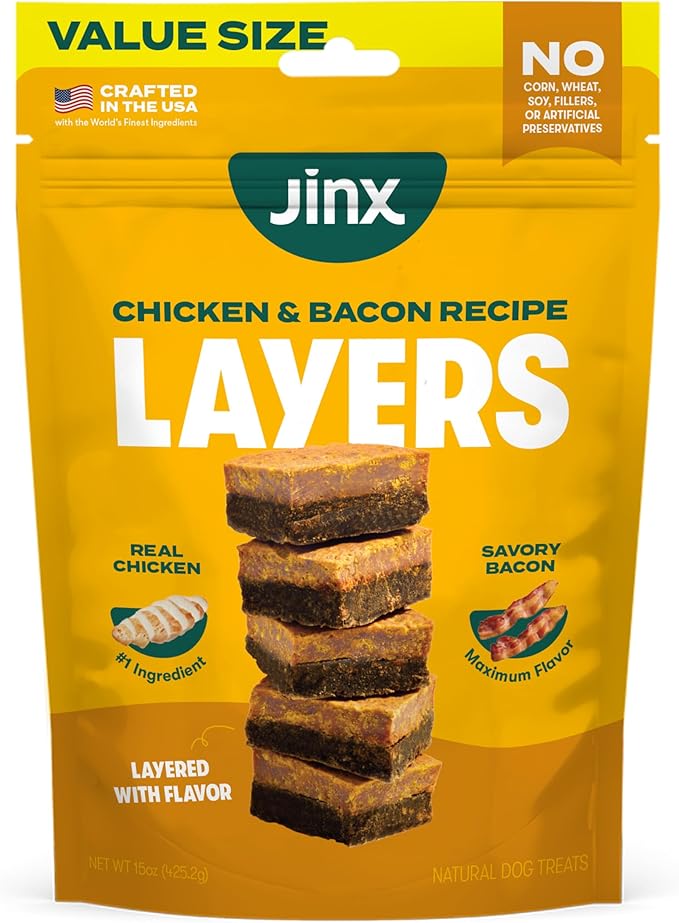 Jinx Chicken & Bacon Layers Jerky Dog Treats - Crunchy, All Natural Dog Jerky Treats with Cage-Free Chicken & Bacon - Pet Products for All Dogs (Puppies, Adults & Seniors) - 15oz
