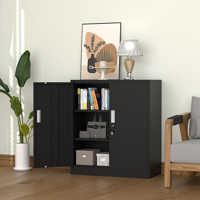 Metal Storage Cabinet with Locking Doors and 2 Adjustable Shelves, Small Lockable Steel Storage Cabinets for Home Office Garage Kitchen Pantry (Black)
