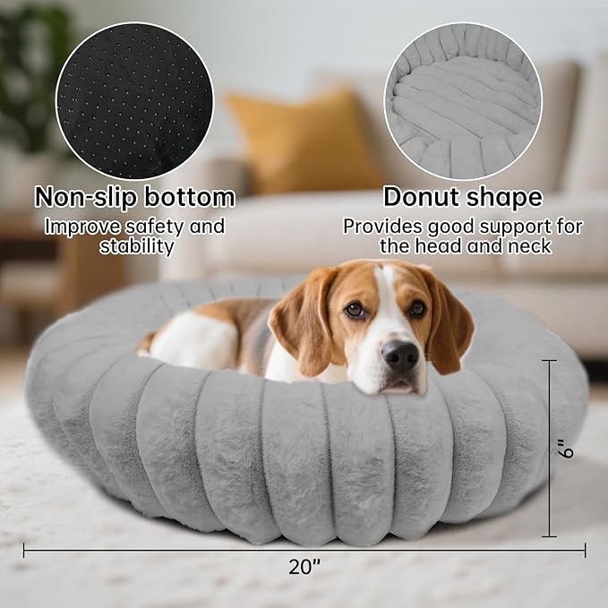 Donut Dog and Cat Bed, Luxurious Comfortable Faux Rabbit Fur Pet Beds, Soft Anti-Anxiety Calming Puppy Kitten Bed with Anti-Slip Bottom for Small Medium Dogs & Cats(20", Grey)