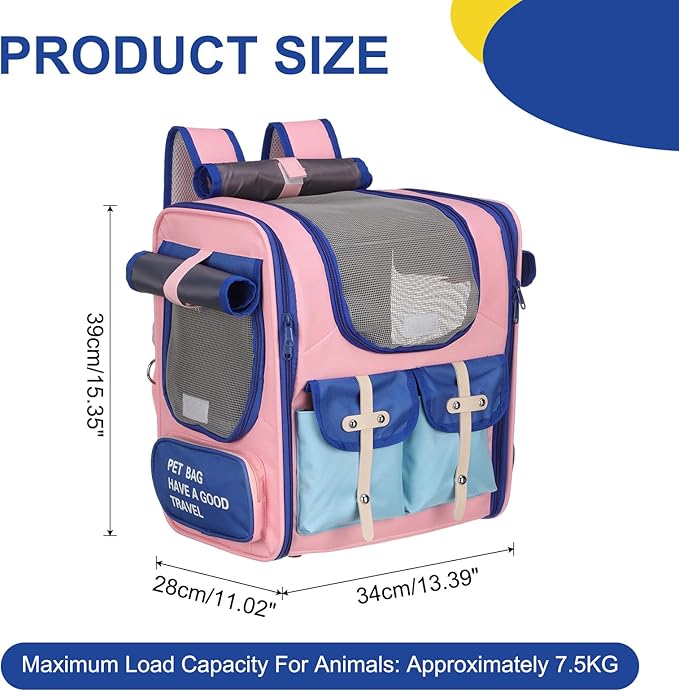 Pet Backpack Carrier, Portable and Ventilated, Oxford Cloth, Dogs Cats and Small Animals Travel Bag 13.39", (Pink, Blue, 1 Pcs), Intended for Hiking/Camping/Traveling