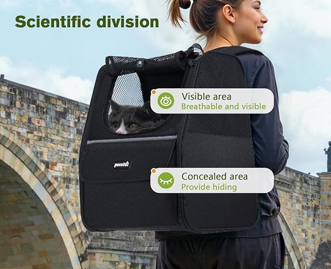 Pecute Cat Backpack Carrier, Expandable Cat Backpack for Cats Dogs up to 11 lbs, Pet Travel Backpack for Small Dogs Medium Cats, Cat Carrier with Ventilated Mesh, Safety Leash, Hiking Outdoor, Black