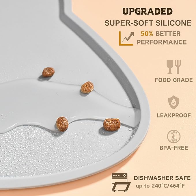 Cat Food Mat, Silicone Pet Feeding Mat for Floor Non-Slip Waterproof Dog Water Bowl Tray Cushion (17" x 10", Light Gray)