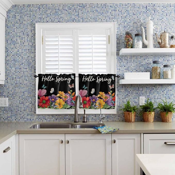 Spring Flowers Half Window Curtains 24 Inches Long, Watercolor Country Colorful