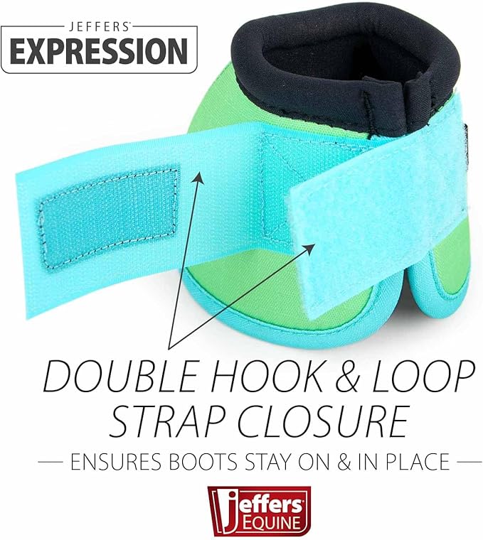 Jeffers Expression No Turn Bell Boots for Horses - Lime & Turquoise, Large | Shock Absorbing Hoof Protection | Secure Double Hook & Loop Closure, Perfect for Turnout, Training, & Riding - 1 Pair