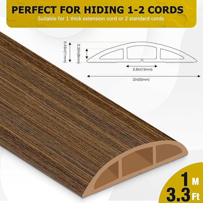 Floor Cord Cover 3.3FT Cord Covers for Wires on Floor Protect Wires & Prevent Trip Hazards, Easy to Cut for Home, Office, School, Concerts, Cavity W0.6in x H0.32in