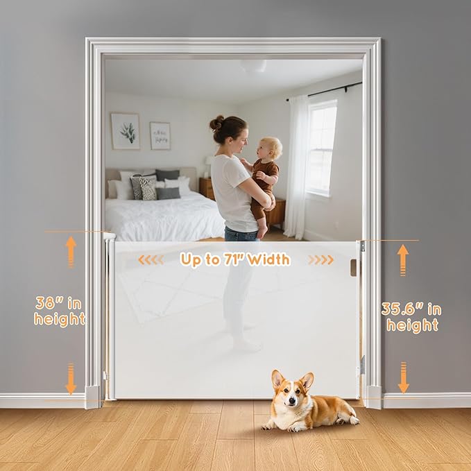 Retractable Baby Gate for Stairs, 71" Wide Mesh Pet Gate, Automatic Tension, One-Hand Operation, 38" Tall Baby Gates for Doorways, Hallways, Deck, Indoor Outdoor, Safe, Easy to Fit, White