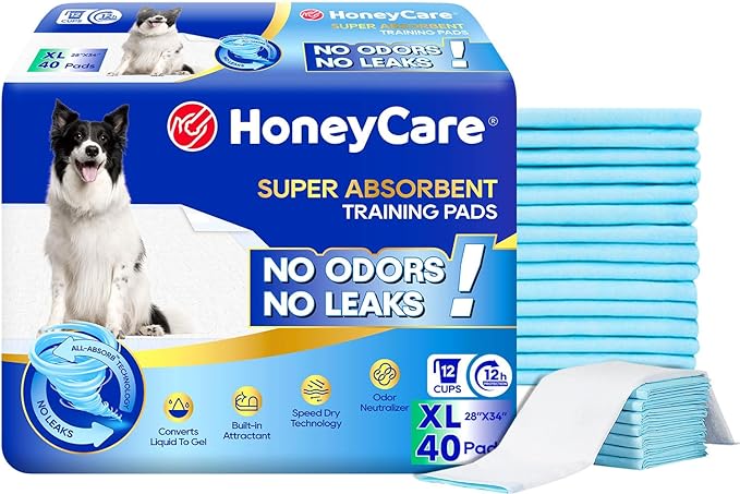 HONEY CARE All-Absorb Dog Pee Pads 28" x 34" (Pack of 7), Ultra Absorbent and Odor Eliminating Dog Puppy Pads for Training, 5-Layer Leak-Proof Pee Pads with Quick-Dry Surface for Potty Training