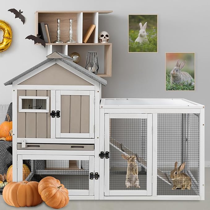 46.5" L Rabbit Hutch Indoor Outdoor Rabbit Cage with Run, Pull Out Tray, Asphalt Roof Large 2 Story Bunny Hutch Wooden Chicken Coop Guinea Pigs Pet House Cage for Small Animals,Grey