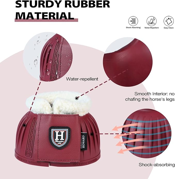 Harrison Howard Rubber Pull-on Bell Boots with Fleece Lining and Extra-Large Leather Touch-Close Tape Hoof Overreach Protection for Horses Sold in Pairs Wine Red L