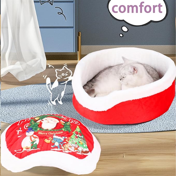 Christmas Sleigh Dog Bed - Red Holiday Themed Pet Bed for Cats and Dogs, Washable and Highly Durable for Indoor and Outdoor Use (B)