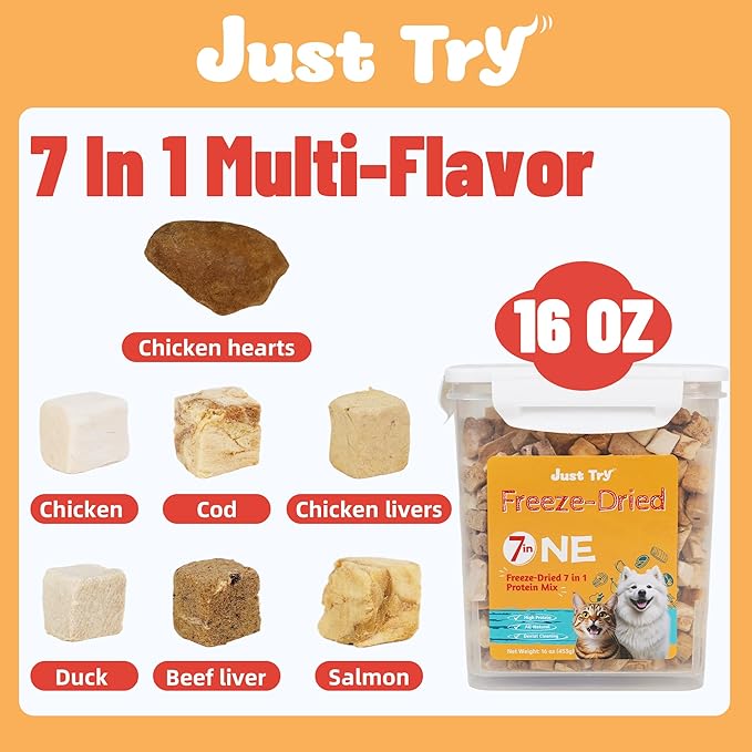 Just Try 7-in-1 Freeze-Dried Dog Teats Mix for Dogs & Cats - Chicken, Duck, Salmon, Cod, Liver & Heart - Grain-Free, Training & Treats