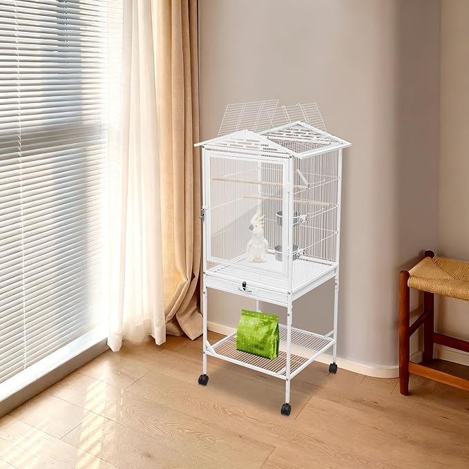 53.5 Inch Iron Bird Cage, Large Bird Aviary with Wheels for Parakeets, White Bird House with Detachable Stand and Pull-Out Tray for Cockatiels, Parrots, Lovebirds, Canaries