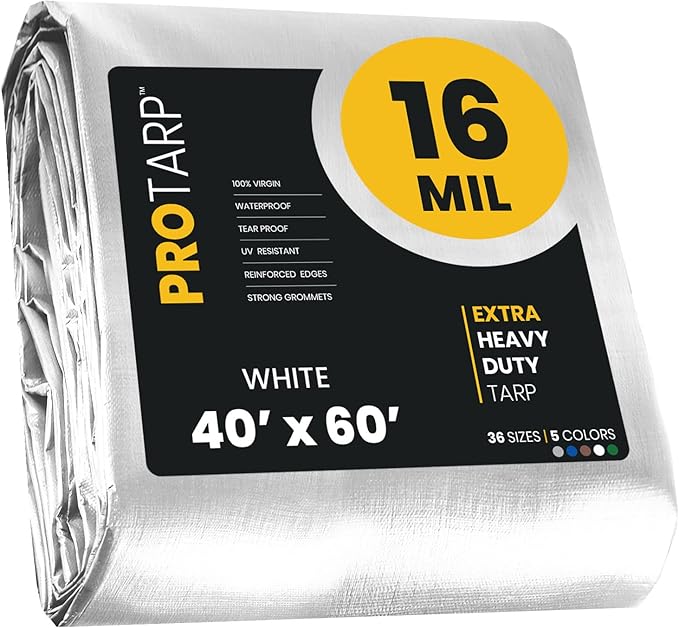 PROTARP Extra Heavy Duty 16 Mil Tarp Cover, Waterproof, UV Resistant, Rip and Tear Proof, Poly Tarpaulin with Reinforced Edges for Roof, Camping, Patio, Pool, Boat. (White 40′ X 60′)