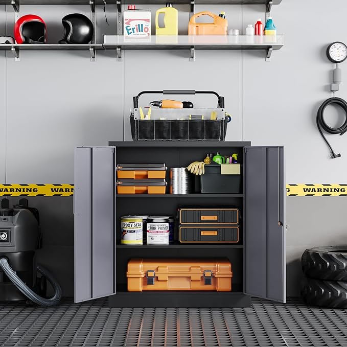 Yizosh Metal Garage Storage Cabinet with 2 Doors and 2 Adjustable Shelves - 35.5" Steel Lockable File Cabinet for Home Office,Garage,Gym,School（Gray Black）