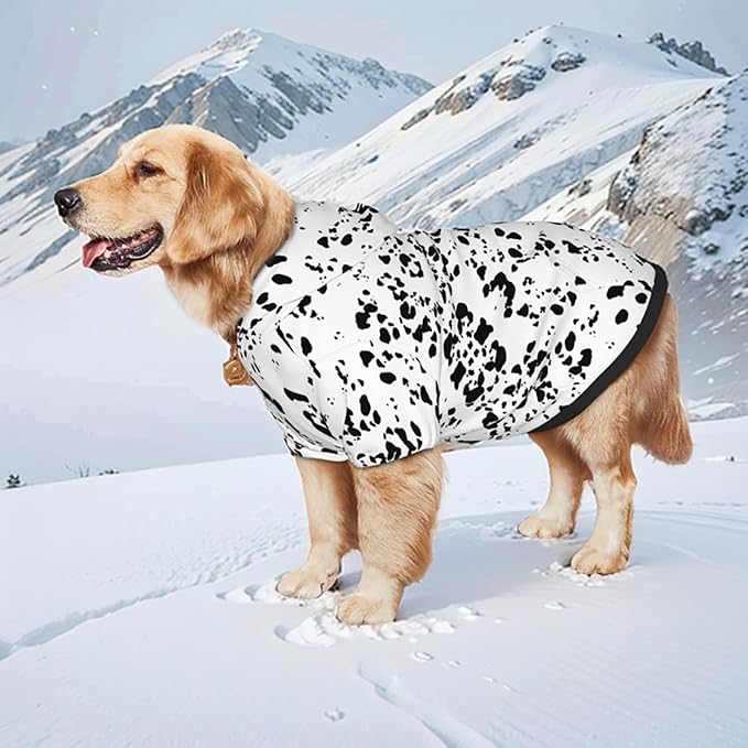 SZDIZOWE Dalmatian Dog Winter Costume, Dog Hoodie with Pocket, Polyester, Unisex, Dalmatian Print, Animal Print, XS-3XL, Modern Style, Windproof Hat, Leash Hole, Machine Washable