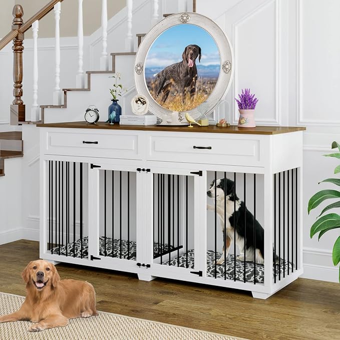 Furniture Style Dog Crate, 72" Large Wooden Dog Kennel with Drawers & Divider, Heavy Duty Indoor Dog Cage with Double Rooms for Large Medium Small Dogs, White