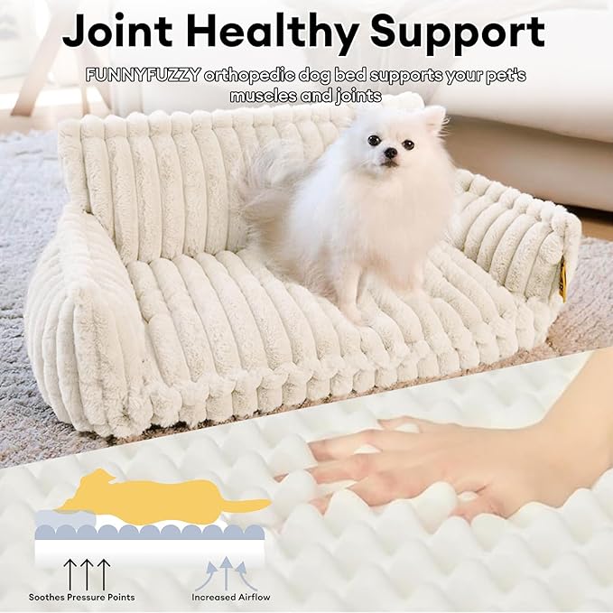 FUNNY FUZZY Dog Bed Orthopedic & Fluffy Dog Couch Bed, Corduroy Fleece Pet Beds Washable, Supportive Foam Pet Sofa Bed with Removable Zipper Cover - Snoozy Dream, White, M