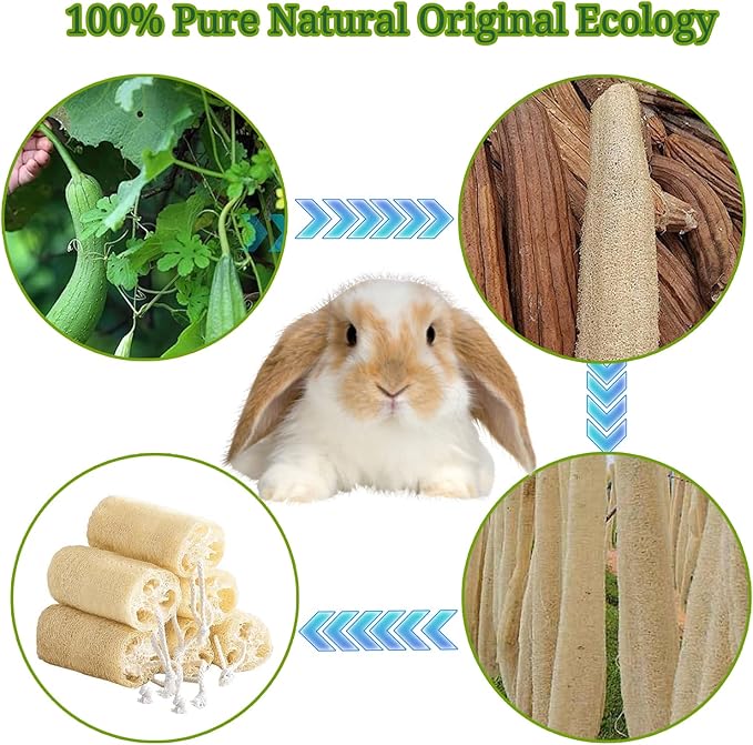 4PCS Rabbit Loofah Chew Toys, Organic Natural Loofah Toys Teeth Cleaning Bath Tools, Handmade Fiber-Rich Bunny Chew Toys for Guinea Pig, Hamster, Rat, Chinchillas