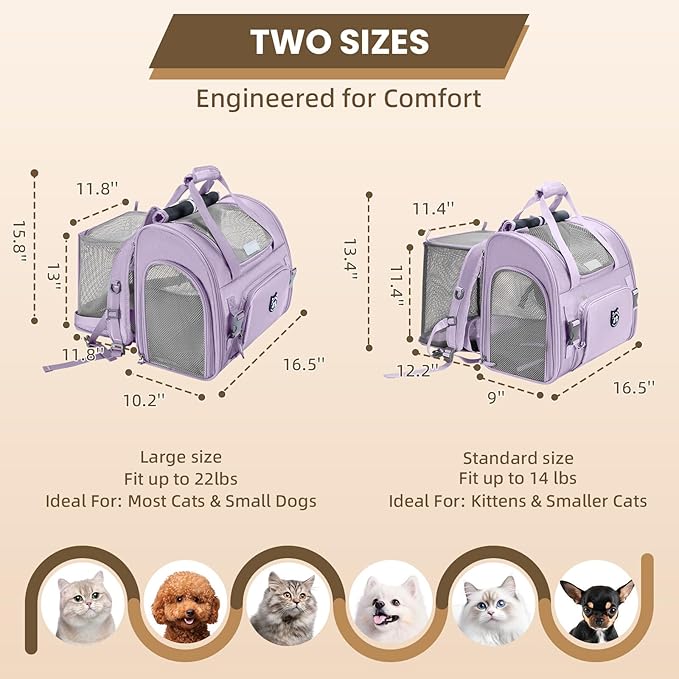 Lollimeow Expandable Cat Carrier Backpack for Large Cats - Airline Approved Pet Carrier Backpack for Small Dogs, Hiking & Travel, Waterproof with Breathable Mesh, 22lbs Capacity (Lavender, Large)