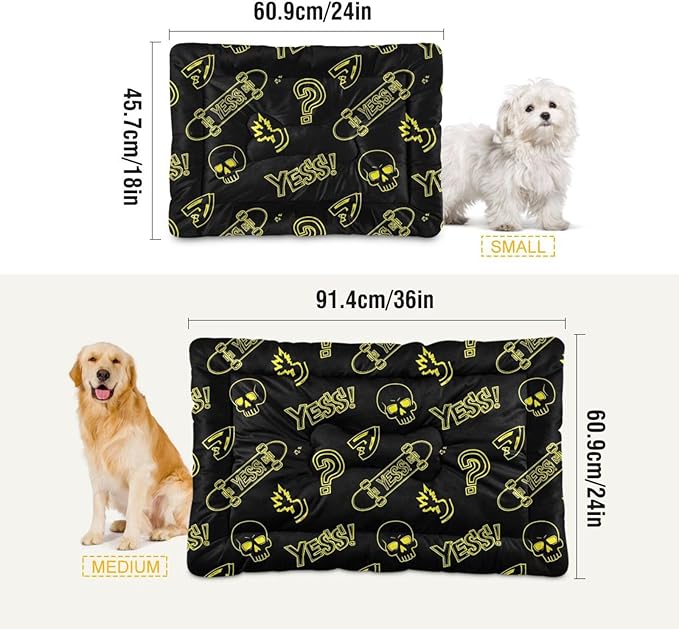 Emelivor Skateboard Skull Black Dog Cat Bed Washable Crate Pet Bed Anti-Slip Comfortable Breathable Crate Kennel Pad for Large Medium Small Dogs Cat,36x24in