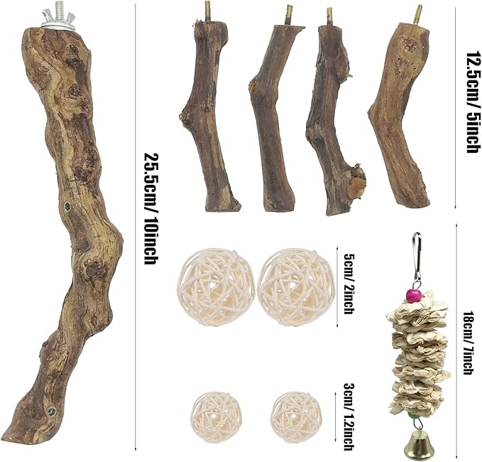 Allazone 6 PCS Bird Perch Natural with Chewing Toys Natural Grapevine Bird Stand Grape Stick Natural Bird Parrot Perch Standfor Parrots, Parakeets Cockatiels, Conures, Macaws, Love Birds (Style 8)