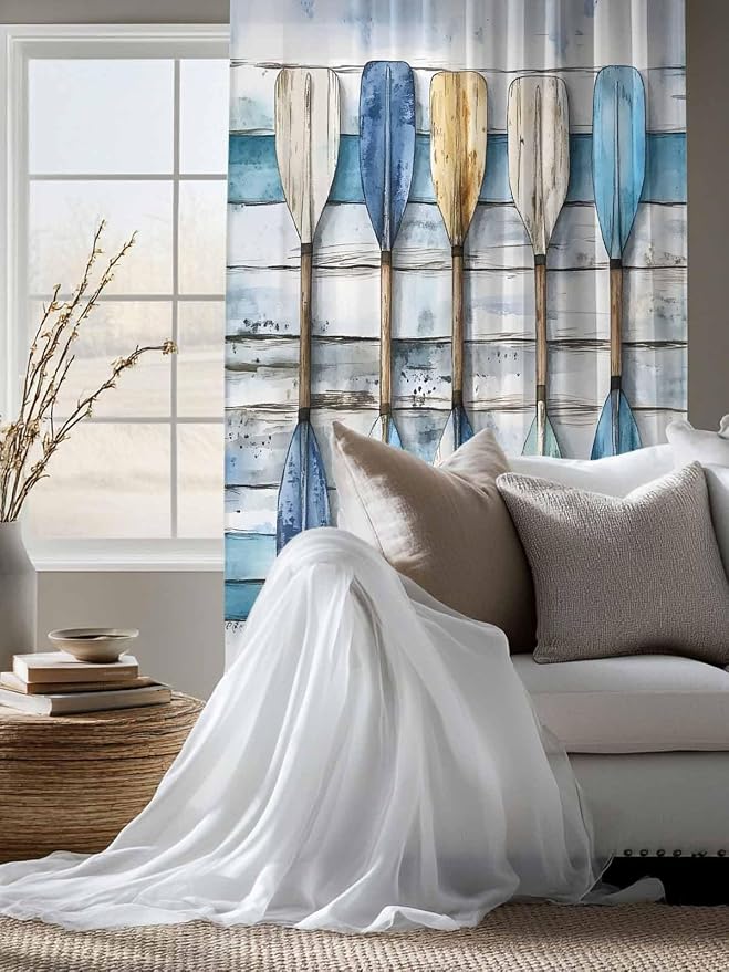 Sheer Curtains 63 Inch Length, Lake Paddle Striped Semi Sheer Curtains Light