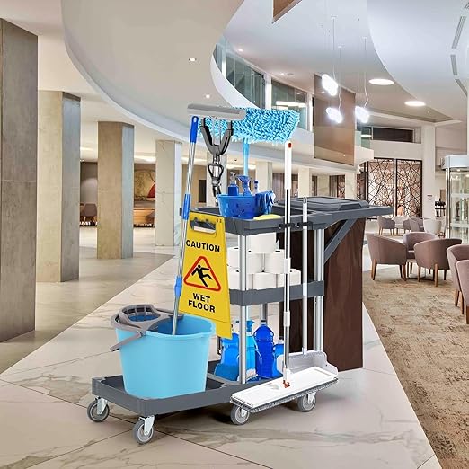 Commercial Traditional Janitorial 3-Shelf Cleaning Cart, Janitorial Carts on Wheels with Cover and Vinyl Bag, Custodial Cart, Housekeeping Carts for Hotels, Stores, Schools, and Business
