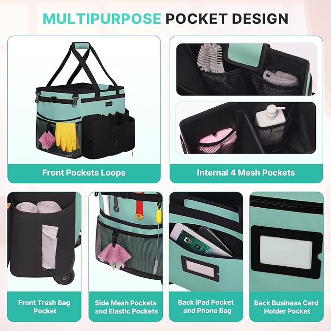 Large Rolling Cleaning Caddy Bag with Detachable Trolley, Waterproof Cleaning Caddy on Wheels for Housekeepers, Cleaning Cart Supplies Organizer for Home,Car,Office,Picnic (Blue-Green) (Patent)