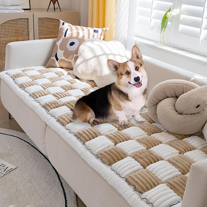 FunnyFuzzy Cream-Coloured Plaid Square Pet Mat Bed Couch Cover, Winter Thickened Dog Bed Cover Pet Blanket Sofa Couch Furniture Protector for Kids Dog Cat(Size:27.6 * 59.06 in,Color:Brown)