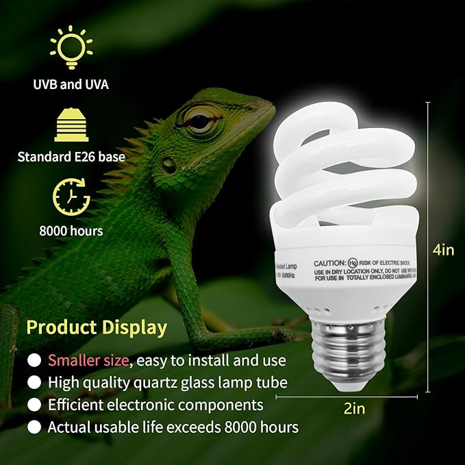 UVB Light Bulb for Reptiles, 9W 10.0 UVA UVB Heat Lamp Bulbs Ideal for Rainforest Reptiles, Bearded Dragons Lizard Turtle Tortoise Iguanas Chameleons Snake (2 Pack)