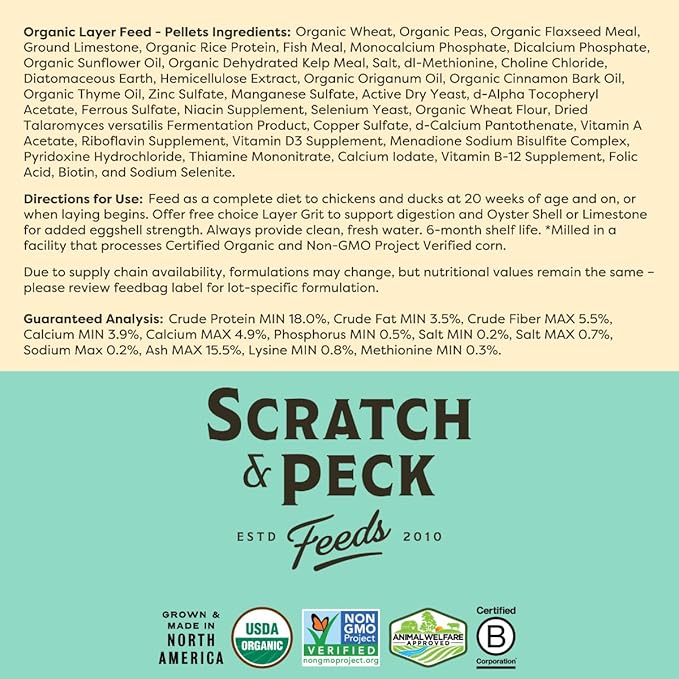 Scratch and Peck Feeds Whole Grain Layer Pellets Chicken and Duck Feed - 25 lbs Bag - Corn-Free and Soy-Free - 18% Protein, Certified Organic and Non-GMO Project Verified Chicken Food