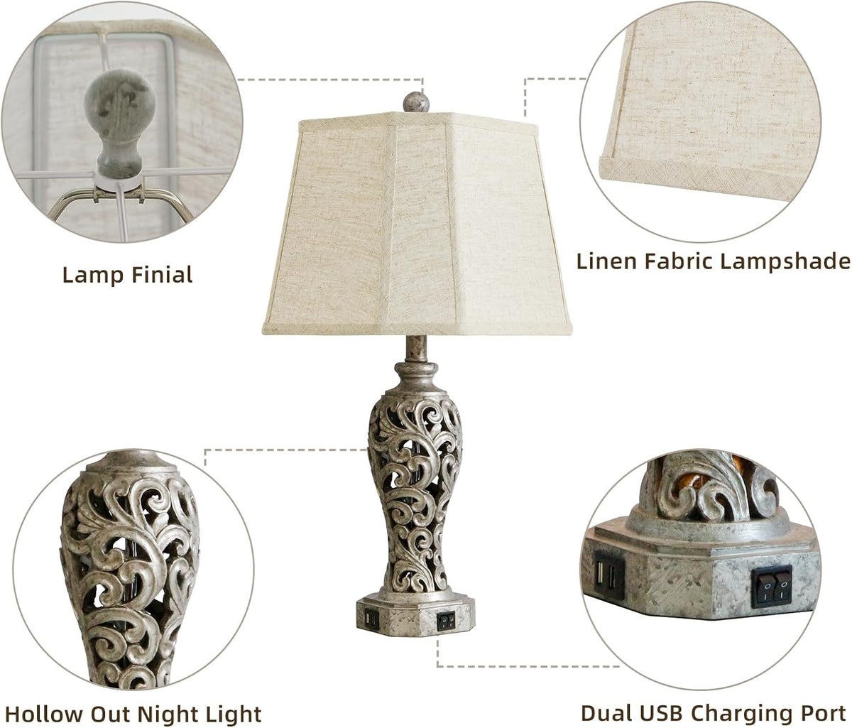 25' Vintage Table Lamps Set of 2 for Living Room with USB C+A