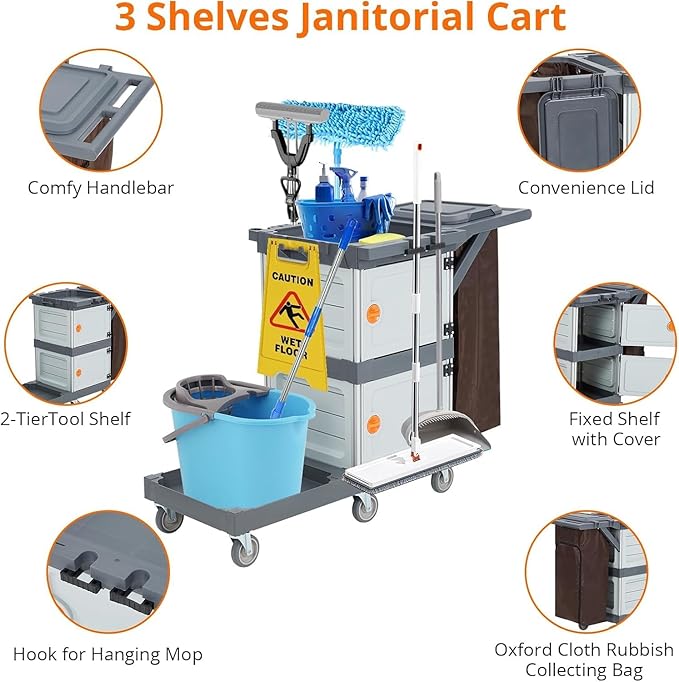 Janitorial Cart with 2 Cabinet, Commercial Traditional Janitorial 3-Shelf Cleaning Cart On Wheels with Cover and Vinyl Bag, Grey
