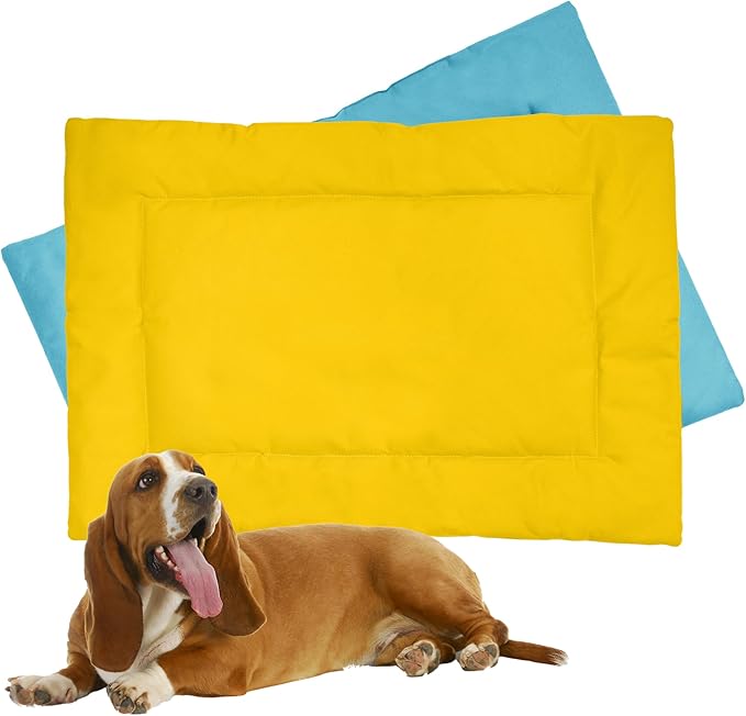 Downtown Pet Supply Dog Crate Pad, 29" x 20" - Waterproof, Ripstop Nylon Dog Crate Mat Chew Proof and Machine Washable - Blue and Yellow - M