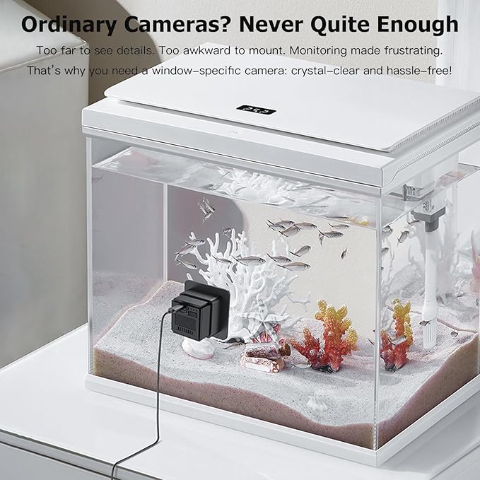 Fish Tank Camera, 2K HD for Aquarium & Reptile Terrarium, 140° Wide-Angle with Anti-Glare, Night Vision, WiFi Pet Camera with AI Motion Detection, 2-Way Audio, 24/7 Cloud/SD Recording (Black)