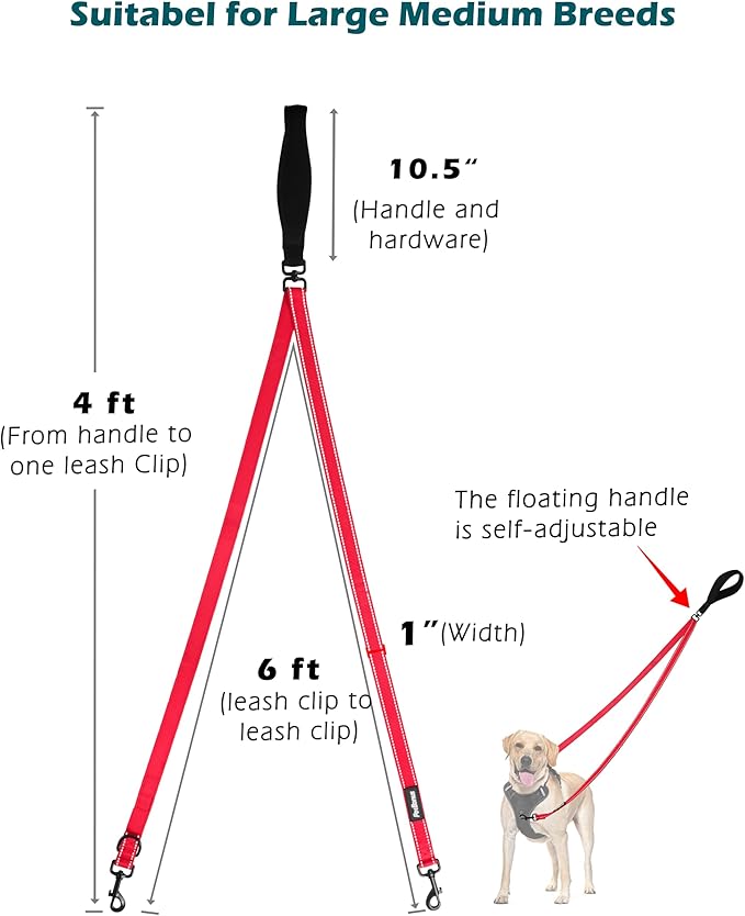 PetBonus Two Point Control Dog Leash, Works with No Pull Harnesses, No Tangle Training Leashes, Soft Padded and Reflective Walking Lead, Converts to Single Lead for Medium Large Dogs (Red)