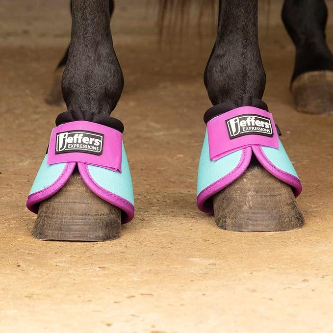 Jeffers Expression No Turn Bell Boots for Horses - Turquoise & Purple, Medium | Shock Absorbing Hoof Protection | Secure Double Hook & Loop Closure, Perfect for Turnout, Training, & Riding - 1 Pair