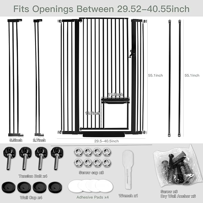 55 Inch Extra Tall Pet Gate with Small Cat Door, 29.55"-40.55" Adjustable Wide Dog Gate, Tall Cats Gates for Doorway, Stairs, House(Black)