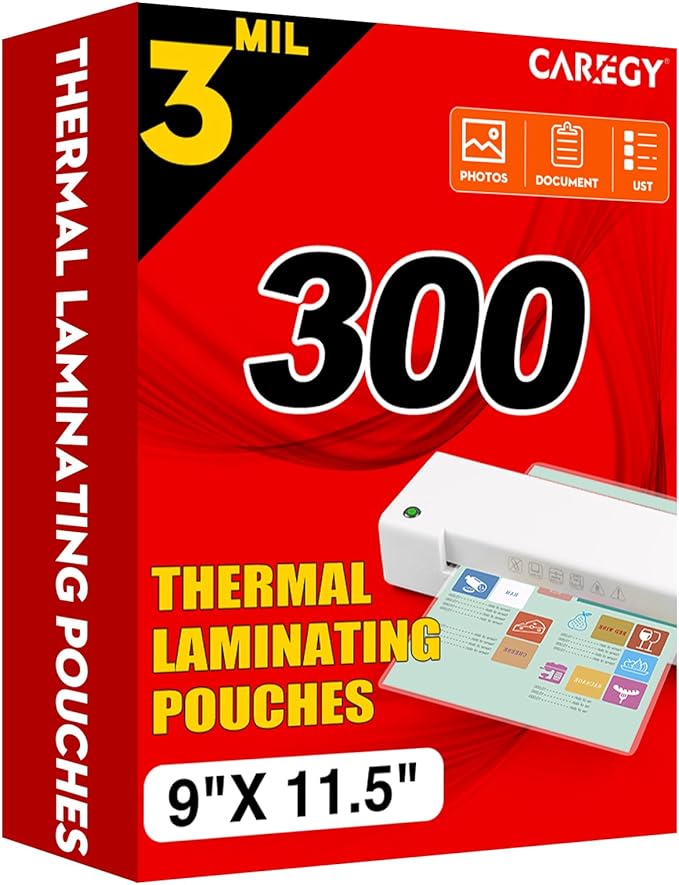 CAREGY Thermal Laminating Pouches, 300 Pack Laminating Sheets, 3 Mil, 9 x 11.5 Inches Lamination Sheet Paper for Laminator, Clear, Letter Size, Office and School Supplies