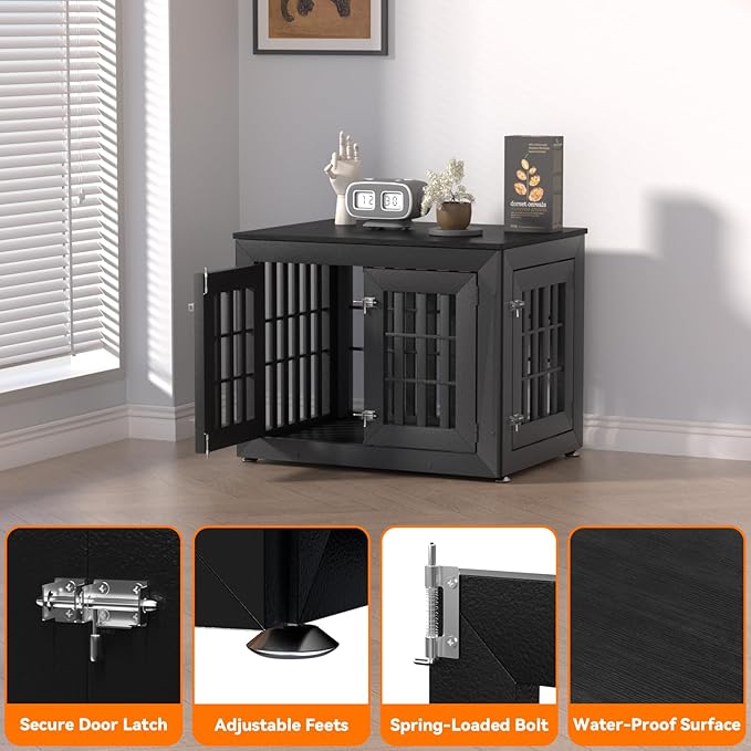32" Heavy Duty Dog Crate Furniture for Small,Medium and Large Dogs,Rustic Wooden Dog Cage Kennel Indoor Furniture with Waterproof Top,Decorative Pet House Side End Table (Black)