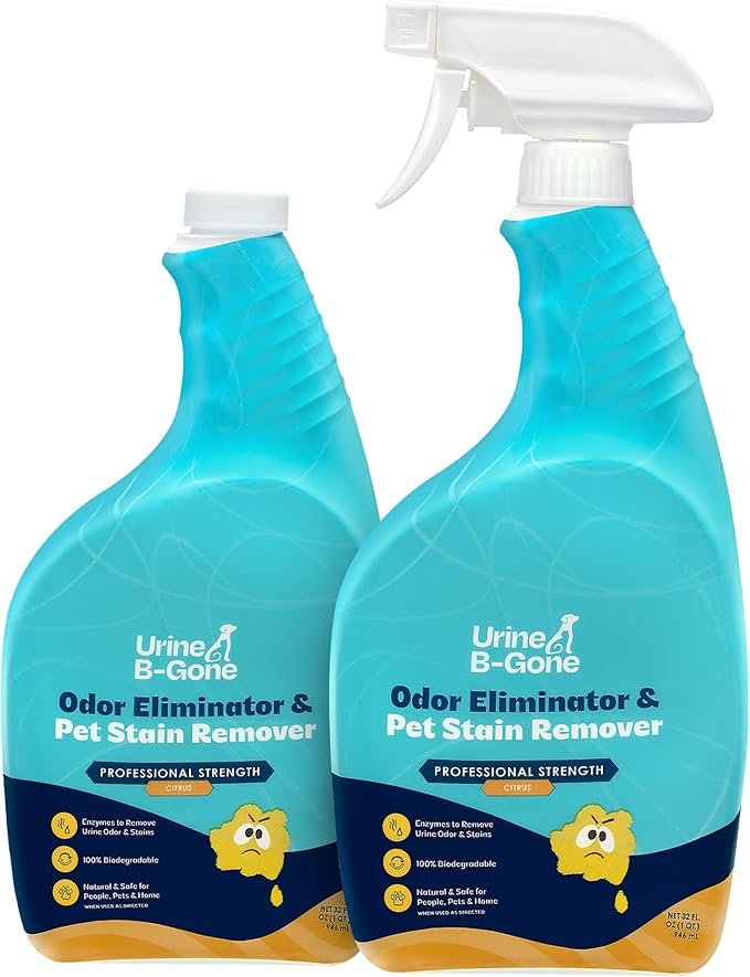 Urine B-Gone, Professional Enzyme Odor Eliminator & Pet Stain Remover, Human, Cat & Dog Urine Cleaner, Effective on Laundry, Carpets & More, Citrus Scent, 32oz, Pack of Two