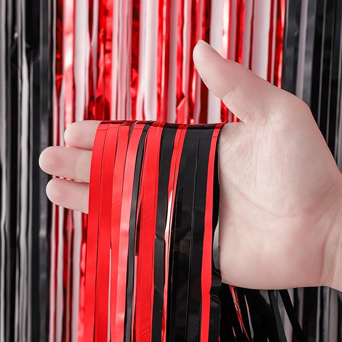 3 Pack 3.3x8.2 Feet Red and Black Foil Fringe Backdrop Curtains, Tinsel Streamers Birthday Party Decorations, Fringe Backdrop for Graduation, Casino, Red Carpet, Halloween Party