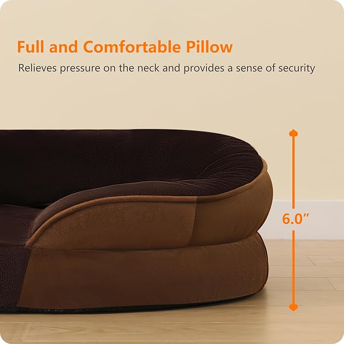 Dwanton Orthopedic Dog Bed for Medium Dogs with Gel Memory Foam, Waterproof Dog Sofa, Washable Pet Bed with Four Sided Bolster Cushion, Removable Cover & Non-Slip Bottom, 35", Brown