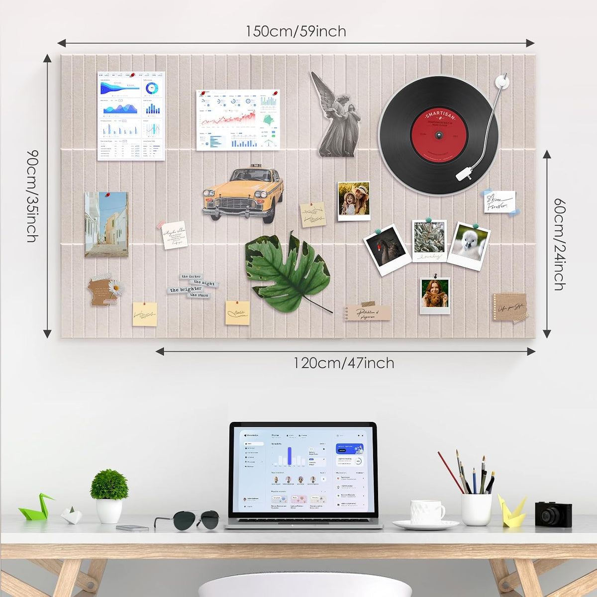 Large Bulletin Board 59" X 36" Cork Boards for Wall Alternative 15 Pack Oatmeal Fine-Stripe Felt Bulletin Board 96 Safe Adhesive 35 Push Pins for Office School Home Room Decor