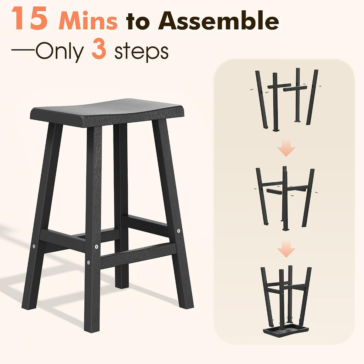 KAMABOKO 4 Set 24" HDPE Bar Stools Set Outdoor, Durable Resin Bar Chairs with Footrest, Weatherproof & Ergonomic Barstools for Patio, Deck & Poolside, Black