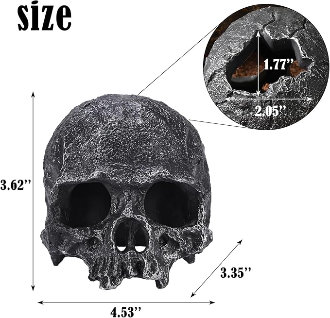 Resin Reptile Hideout for Tank Realistic Skull Decor for Terrarium Black Decorative Skeleton Head Hides and Caves for Fish Ball Python Axolotl Tarantula