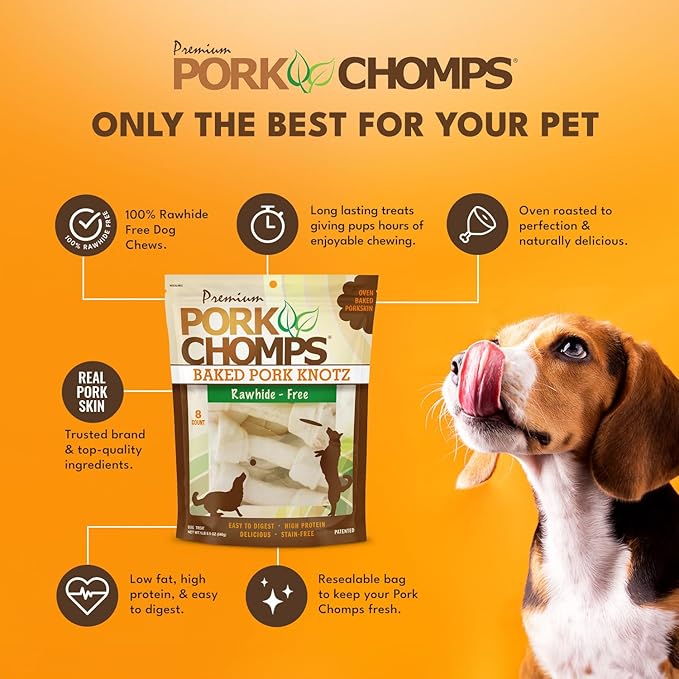 Pork Chomps Baked Pork Skin Dog Chews, 7 Inch Knots, 8 Count, 1 Pack - Long-Lasting Treats for Dogs - High Protein, Rawhide-Free, Low Fat, Healthy & Delicious Chews