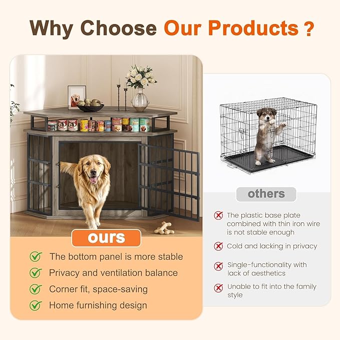 Corner Dog Crate Furniture with 2-Tier Shelves 51" Large Dog Kennel Indoor Wooden TV Stand Modern Dog Cage Decorative Pet House